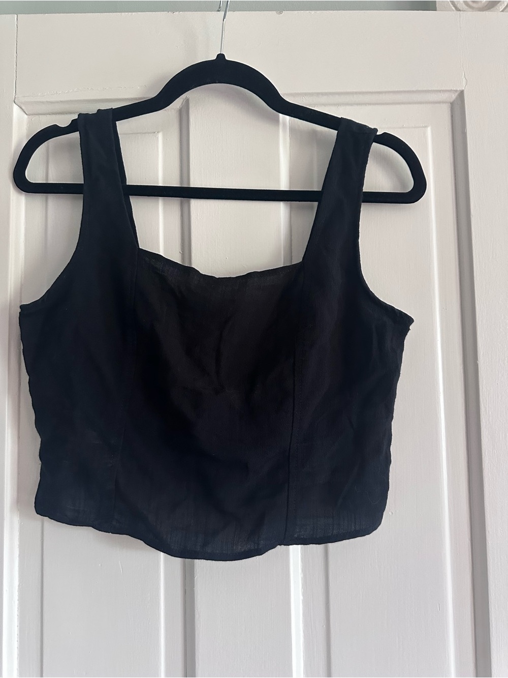 Square Neck Black Linen-Blend Crop Tank Top
